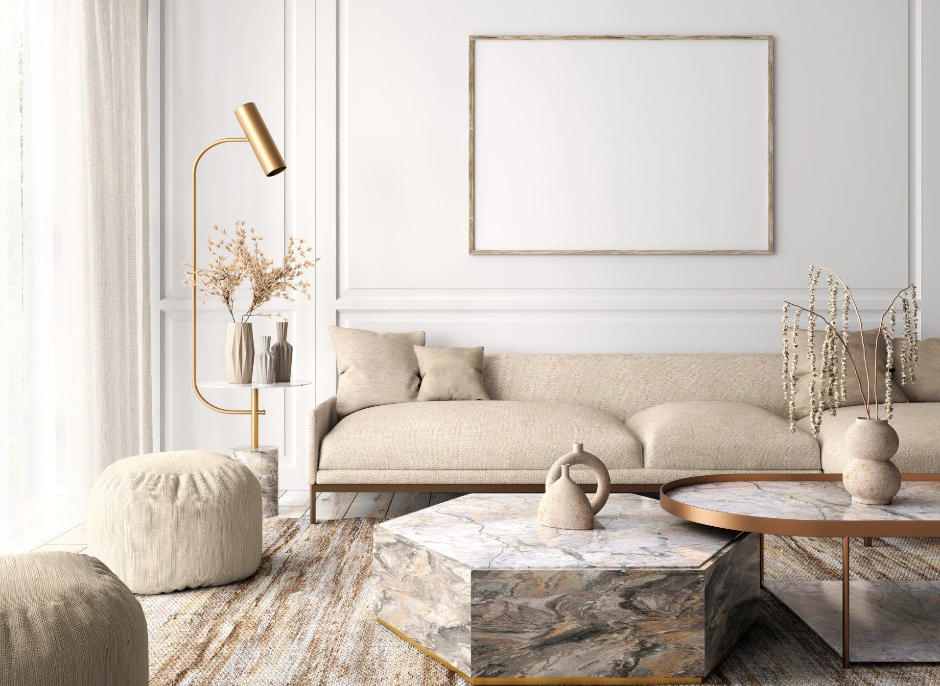 Elegant living room with marble tables