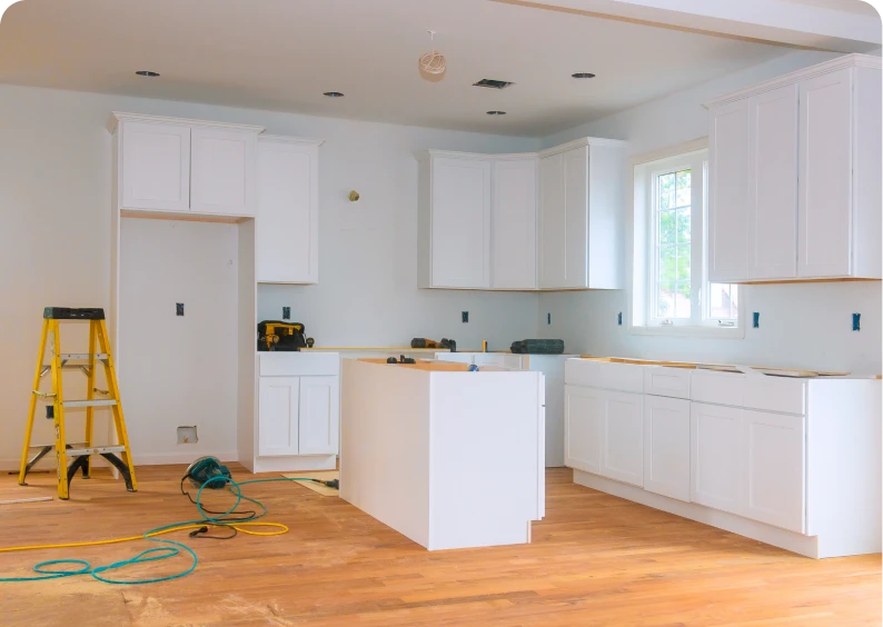 Empty kitchen with wooden floor and tools